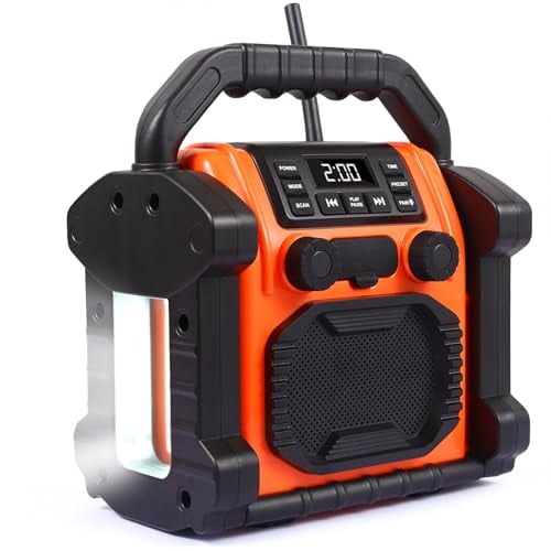 Bingxue Jobsite Radio Altavoz Bluetooth, 30W IPX 66 Impermeable Radio Reloj FM Portátil con Luces LED, Radios FM Anticolisión para Sitio de Construcción/Exterior/Pesca/Fiesta/Camping (Naranja)