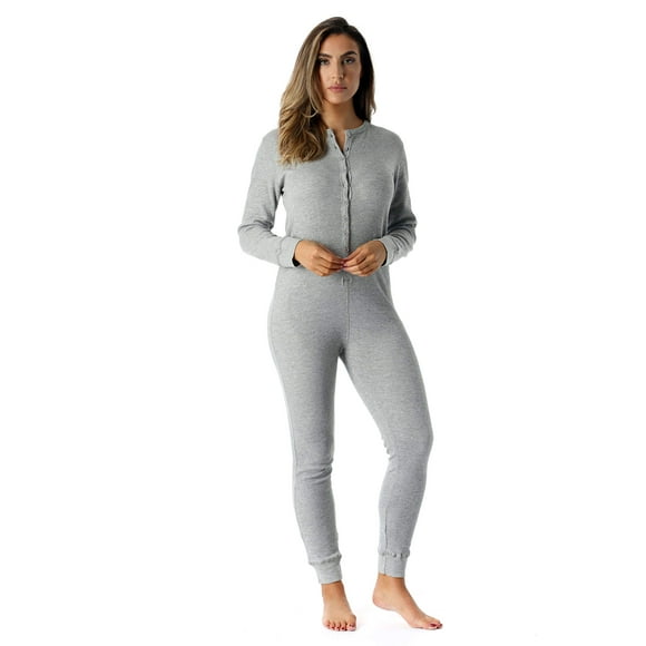 followme Womens Thermal Henley Onesie Union Suit 6743-gRY-L grey