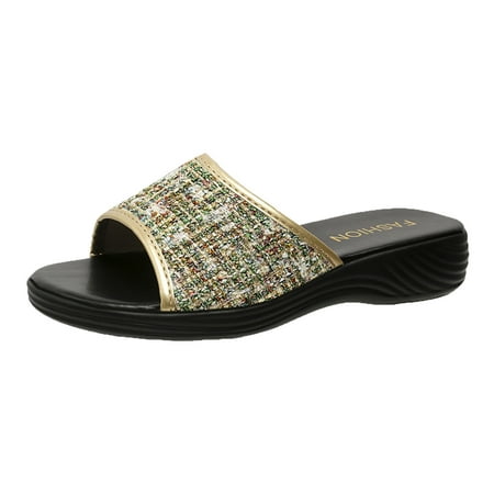 OJSFQUFP Women Shoes Casual Women Summer Cloth Slip On Casual Open Toe Flat Soft Bottom Breathable Slippers Shoes Sandals Wide Slippers for Women Green 38