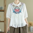 thumbnail image 3 of Hvot&aat Women's Ethnic Style Embroidered Tops 3/4 Lantern Sleeve Button Down Linen Blouse Loose Pleated Flowy Hem Shirts, 3 of 3