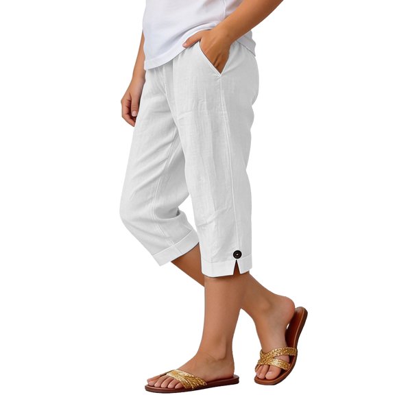 Solid Pants Wide Wide Leg Knee Shorts for Girls Elastic Waist Loose Comfy Summer Beach Capri Pants with Pockets