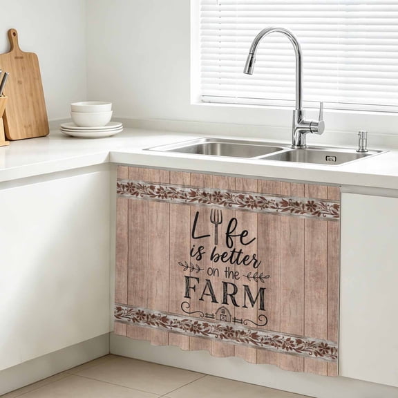 Farmhouse Cabinet Curtain, Life Is Better Farm Brown Wood Grain Flower Border Sink Skirt for Bathroom, Under Sink shelf Curtain Privacy Drape for Kitchen Laundry Room 28x35in