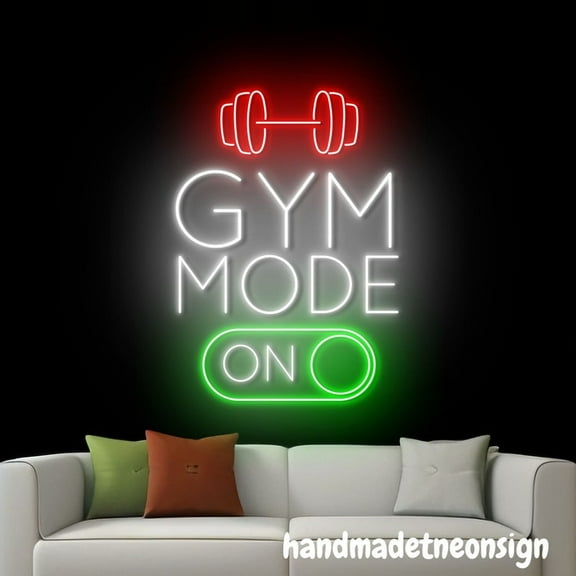 Handmadetneonsign Gym Mode Neon Wall Sign, Weightlifting Led Light Wall Art Decor, Gym Room Wall Decor 58362