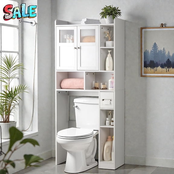 Tcbosik 70" Tall Over-the-Toilet Cabinet with 2 Doors, 1 Drawer and Side Open Storage, Adjustable Interior Shelf, Vertical Stripe Design, White Bathroom Space Saver