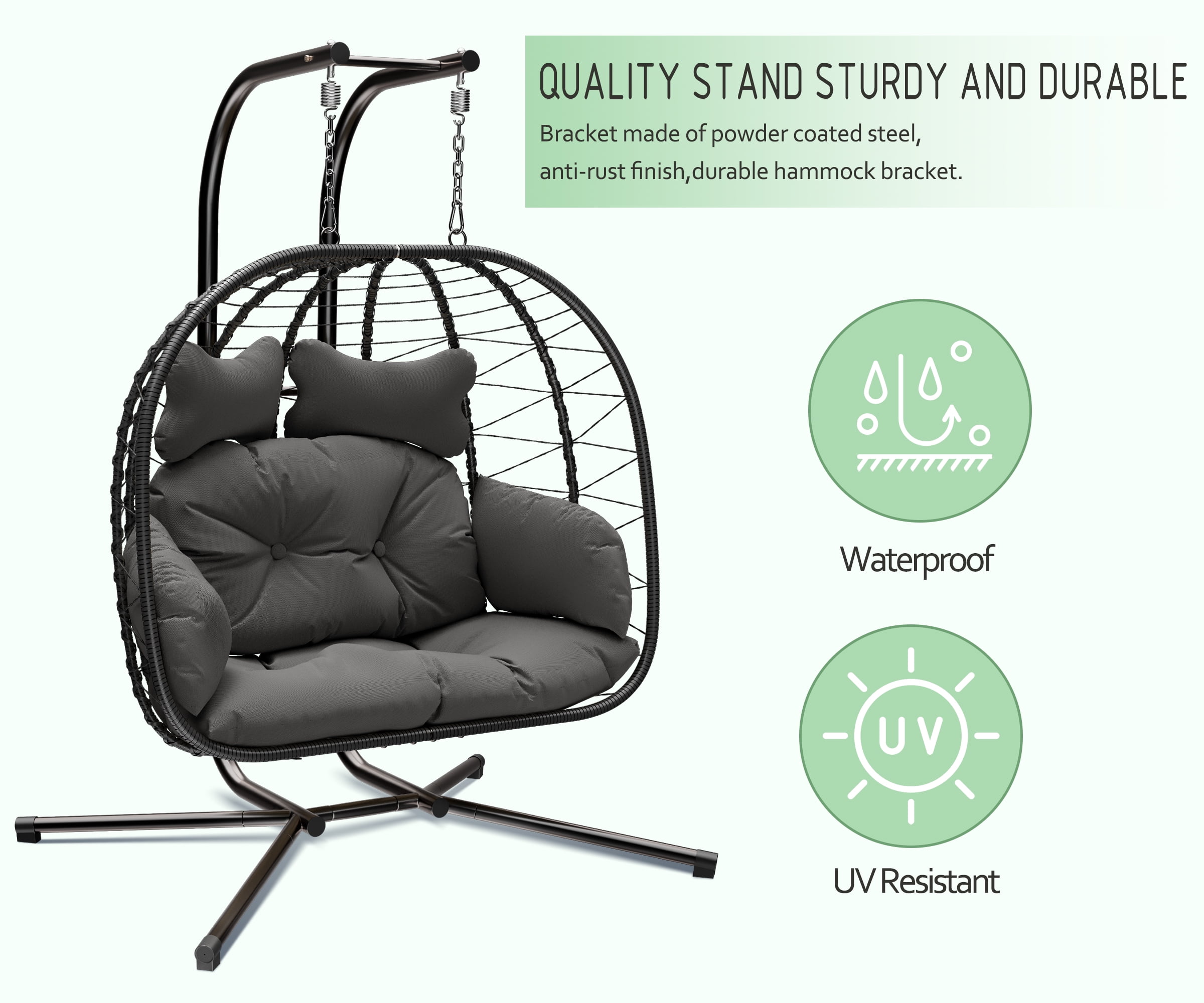 LHBcraft Double Wicker Swing Egg Chair Hammock Foldable Hanging Loveseat with Stand, UV Resistant Removable Cushions, 700LBS Capacity for Bedroom, Balcony (Black and Grey)