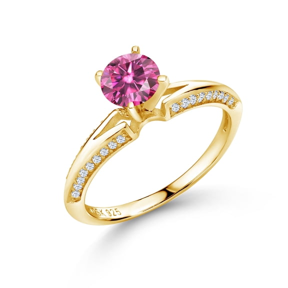 Gem Stone King 18K Yellow Gold Plated Silver Ring Round Pink Moissanite and (1.38 Cttw, Size 6)