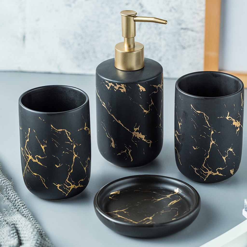 4pcs Bathroom Accessories Set Soap Dish Dispenser White Marble Ceramic 