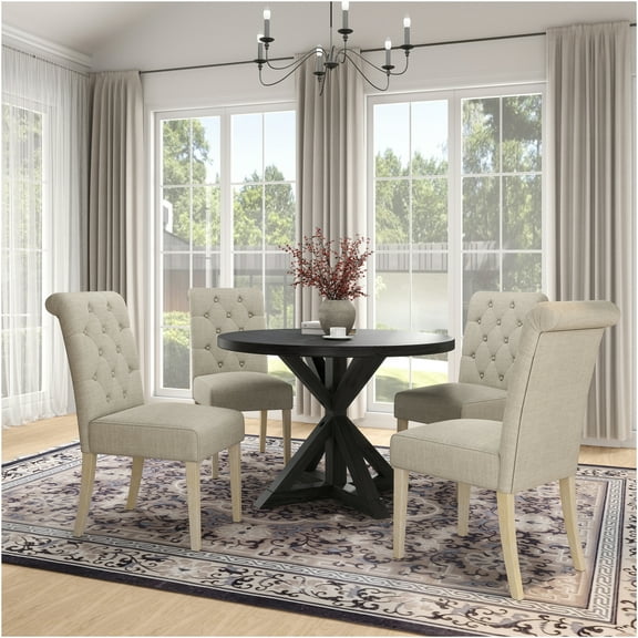 JERFIT 5-Piece Round Dining Set with Cross-Back Table & Button Tufted Upholstered Chairs, Modern Farmhouse Kitchen Dining Room Furniture in Black and Tan