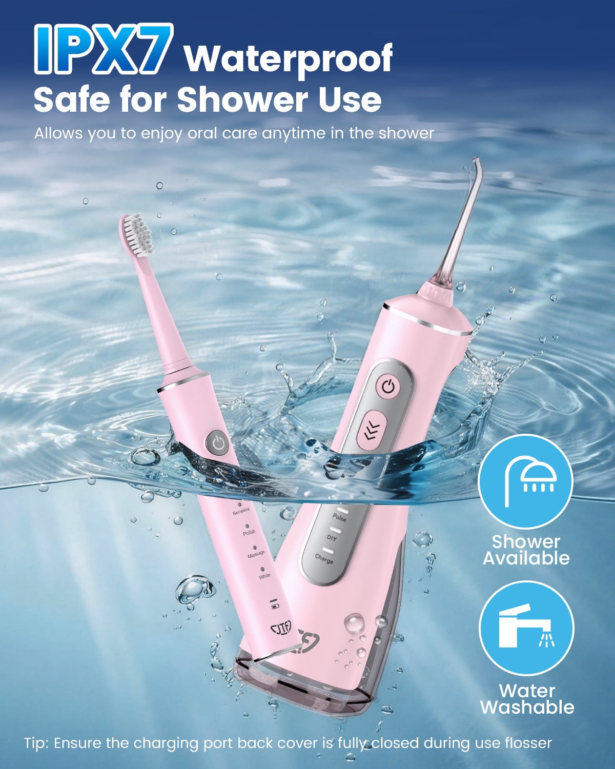 JTF 2-in-1 Oral Clean Kit- Electric Toothbrush & Water flosser Combo with Multiple Modes, 5 Brush Heads and 5 Jet Tips, Brushing & Flossing- Rechargeable for Teeth Cleaning and Gum Health, Pink