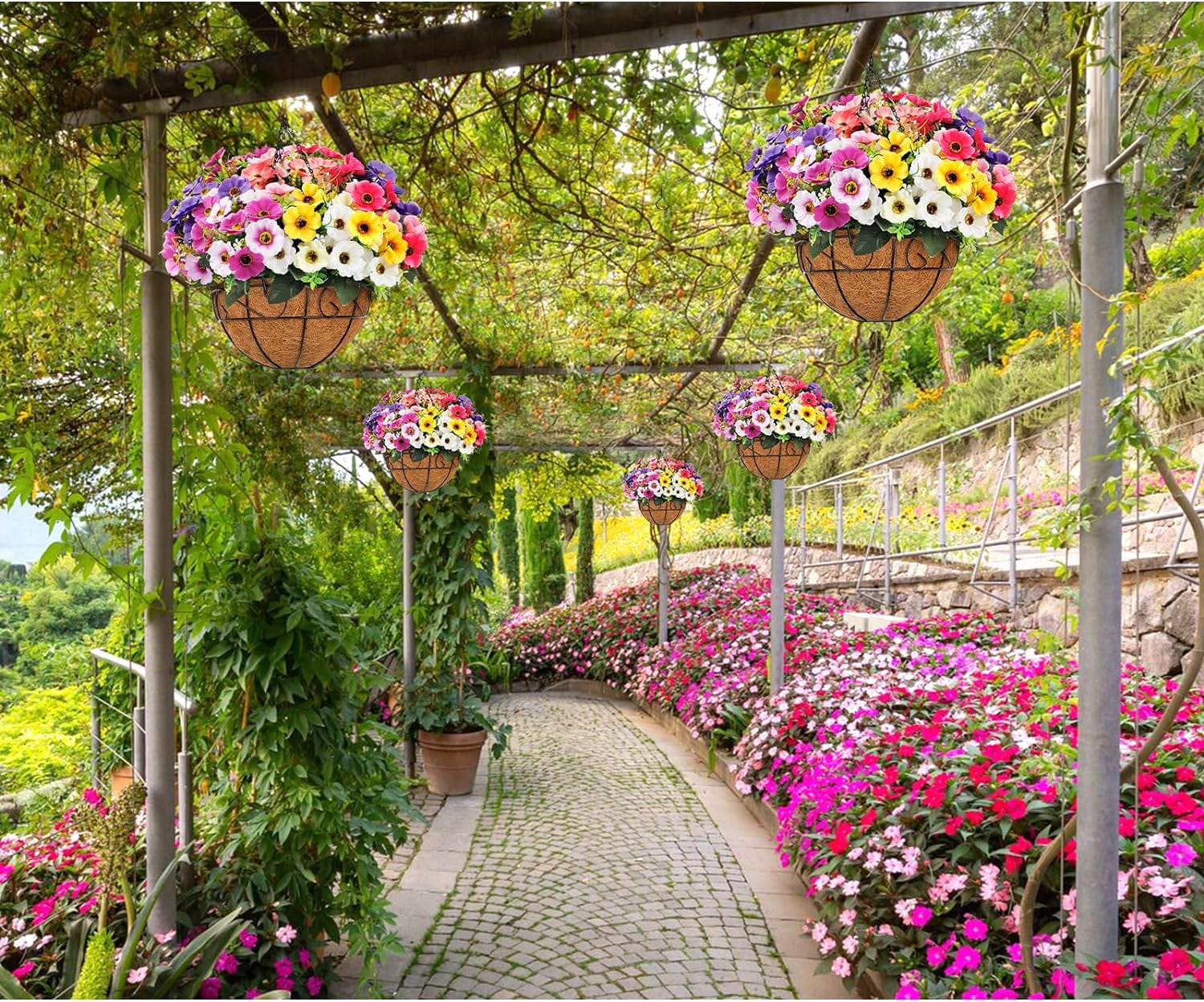 Artificial Fake Hanging Plants Flowers with Basket Outdoor Decor Faux Silk Dasiy Flower Arrangements in Pot Planter for Porch Home Indoor Patio Garden Yard Decoration