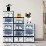LeaderPro Clear Shoe Ogranizer for Closet,Shoes Boxes Bins Stackable,Folding Shoe Sneaker Containers Storage Box Rack with Lids 12 Pack