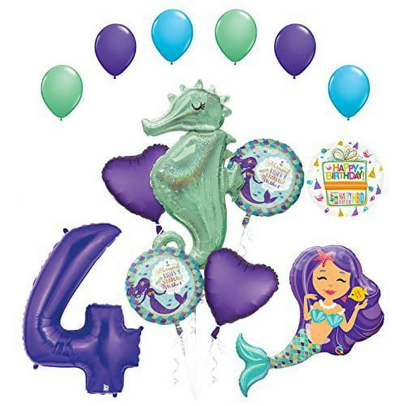 Mermaid Wishes and Seahorse 4th Birthday Party Supplies Balloon Bouquet Decorations