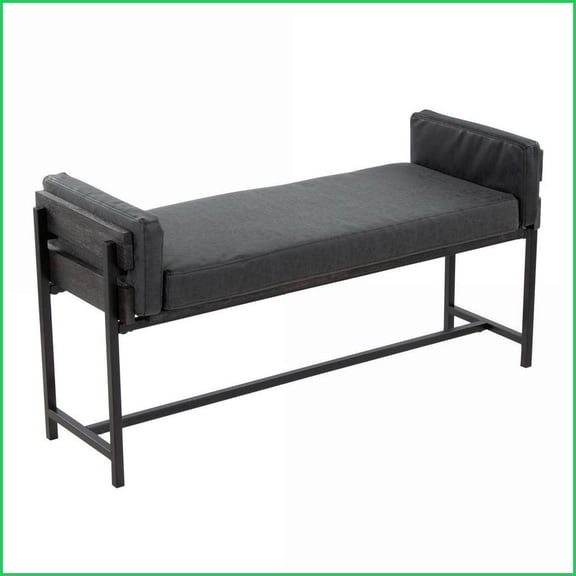 Farmhouse Bench with Padded Faux Leather Seat, Wood & Metal Frame by LumiSource | Black | Grey