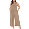 thumbnail image 4 of Mono sin mangas de talla grande para mujer Agnes Orinda, con cuello redondo, pantalones anchos, overoles casuales de verano con bolsillo 2X en caqui oscuro, 4 of 6