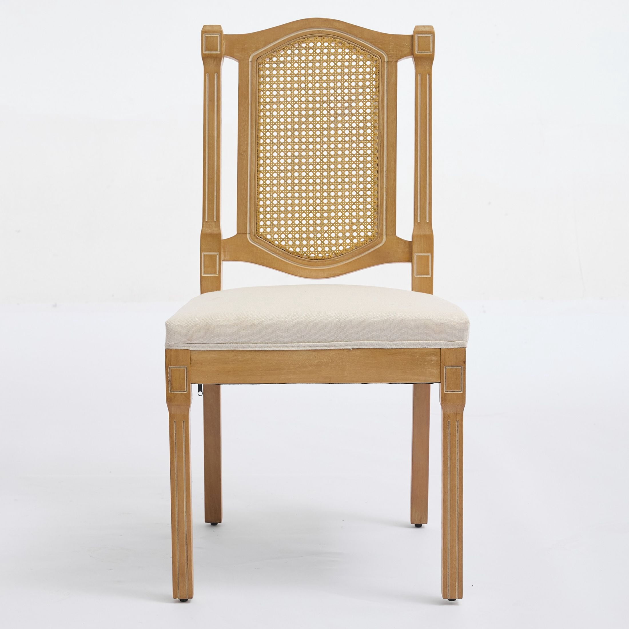 Noble House Set of 2 Rattan-Back Dining Chairs, Linen Seat, Solid Wood Frame, Beige