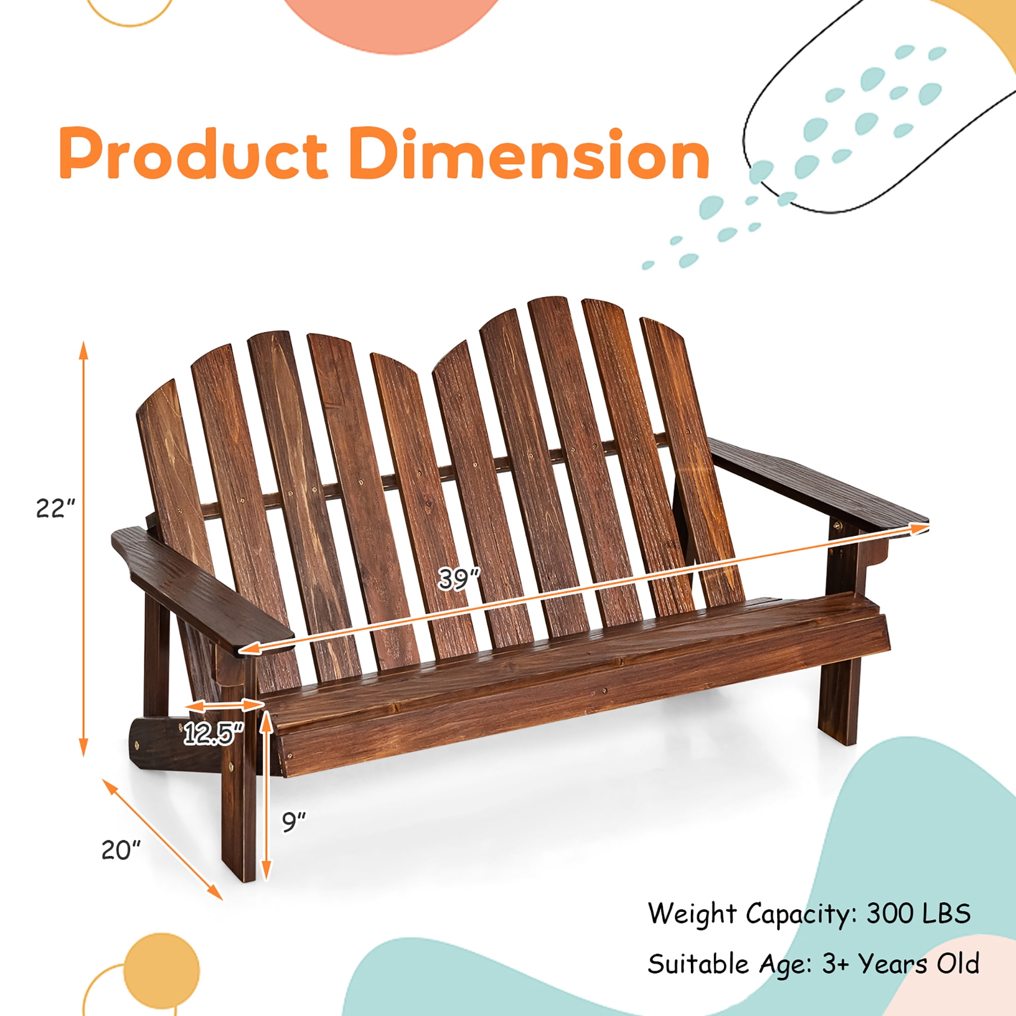 Costway 2 Person Adirondack Chair Kid Solid Wood Loveseat Backrest Arm Rest Patio Coffee