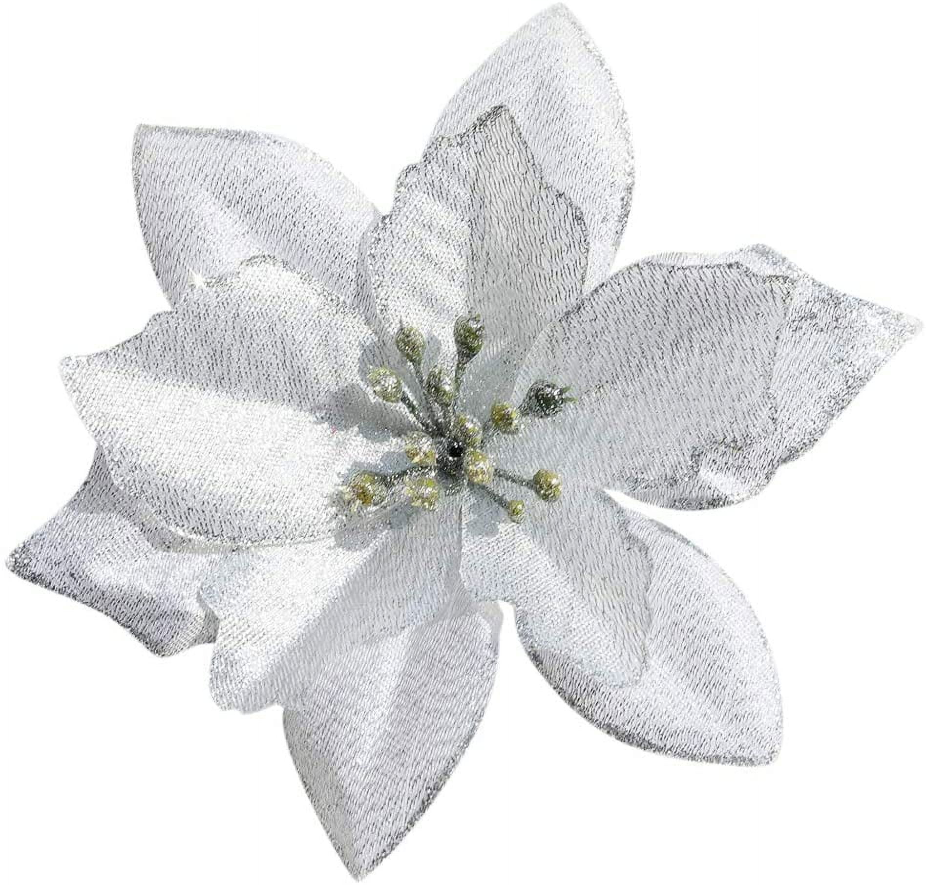 Fleurs Artificielles Poinsettia (Étoiles De Noël) Pailletées Blanches - Lot De 10 Pour Décoration De Sapin - 7
