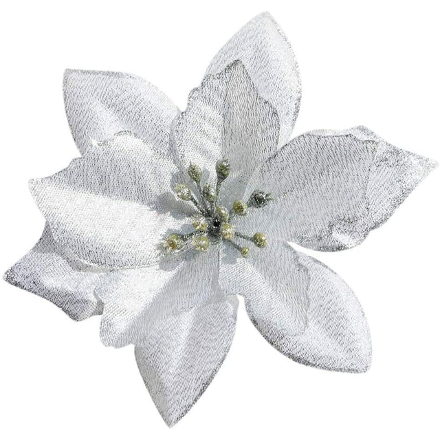 Bienvenido Poinsettia Decoraciones navideñas Flores de Pascua con purpurina para decoraciones de árboles de Navidad (paquete de 12) (plateado)