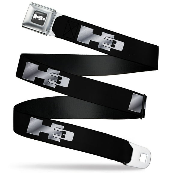 GM General Motors Belt, Seatbelt Buckle Belt, H3 Black Silver Logo Repeat, 30 to 44 Inches