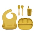 thumbnail image 1 of Set con vaso entrenador bebe + platos de bebe + baberos para bebe + cubiertos I BPA FREE I 5 piezas I Silicona grado alimenticio Happy Life  Kit comida bebe silicona 5 pcs, 1 of 9