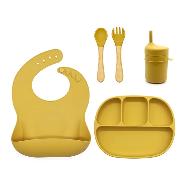 Set con vaso entrenador bebe + platos de bebe + baberos para bebe + cubiertos I BPA FREE I 5 piezas I Silicona grado alimenticio Happy Life Kit comida bebe silicona 5 pcs