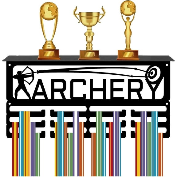 Archery Medal Holder Trophy and Medal Display Shelf with 12 Hooks Sports Medal Hanger for Wall Mount Hold 60  Medals Ribbon Organizer Metal Rack 15.7x8x4Inch