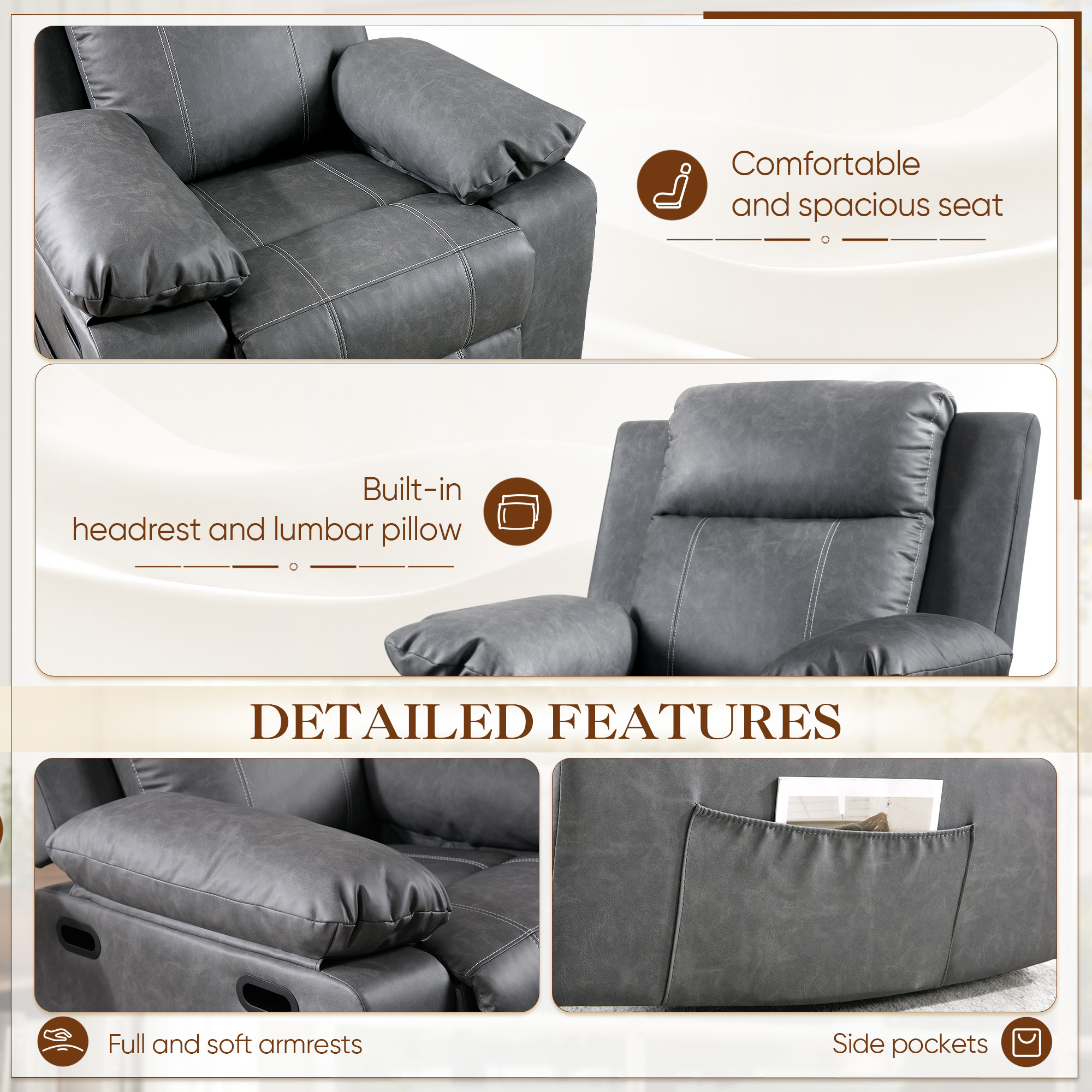 Dinosisco Swivel Rocker Recliner with Heat and Massage, Power Recliner Lounge Chair for Living Room, Gray Faux Leather