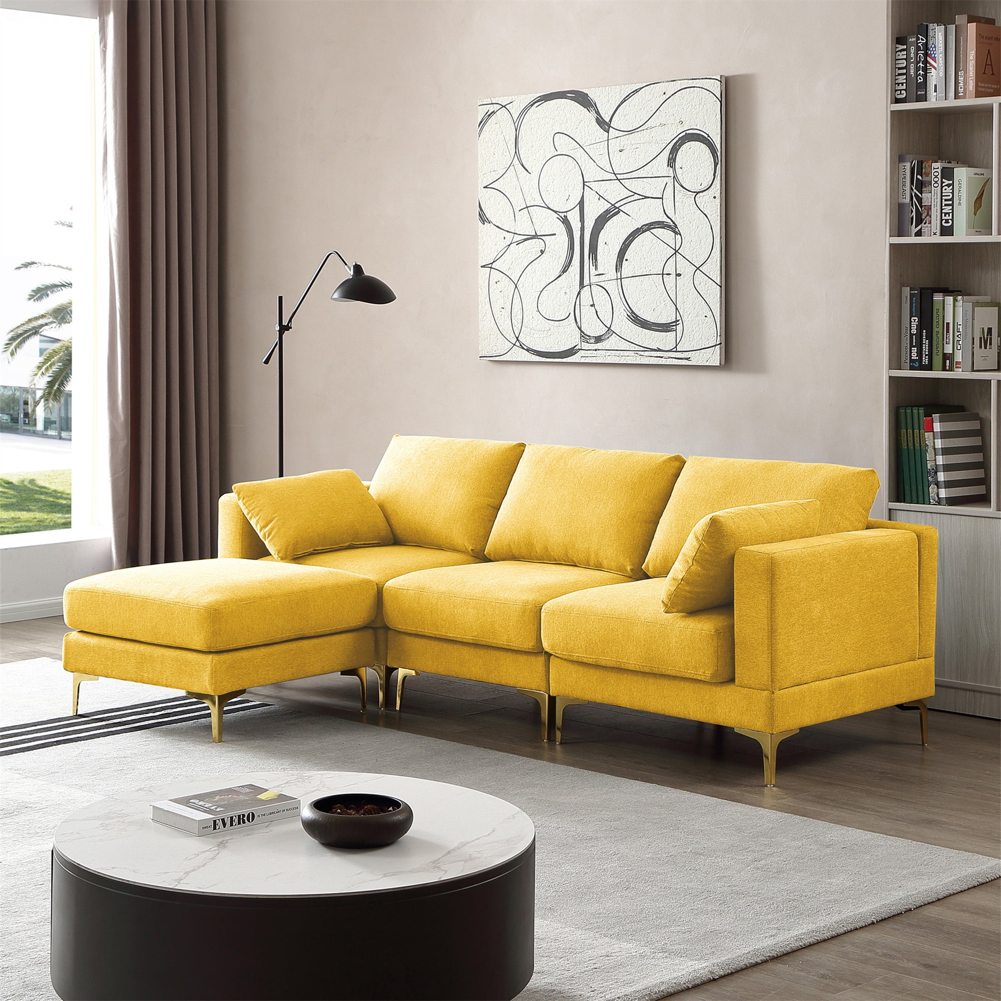 Aukfa 3-piece Modular Sectional Sofa, Loveseat, Chair, Ottoman, L shape Couch for Living Room, Yellow