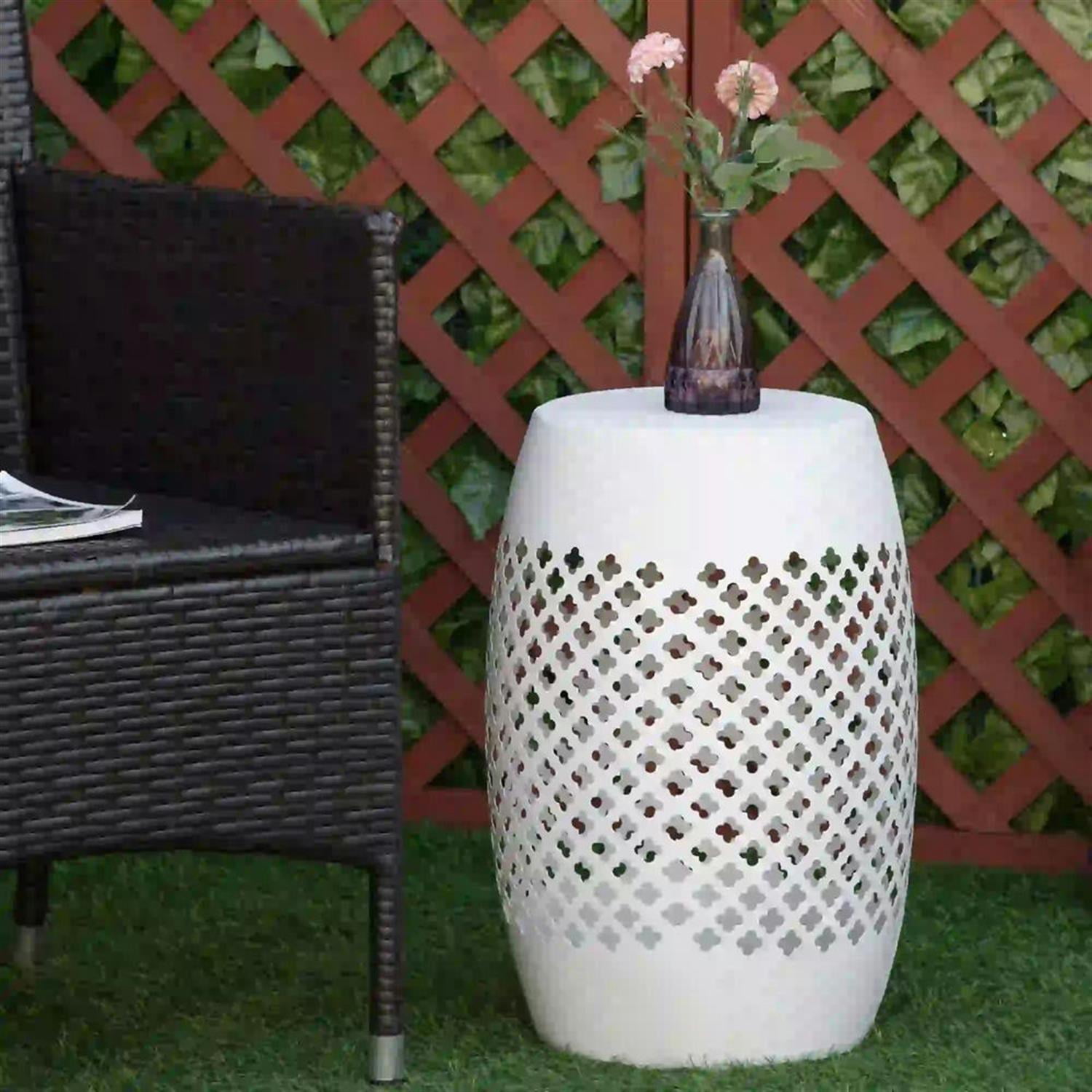 Demi Bonn 12" Steel Outdoor Round Side Table, Decorative Drum End Table, Indoor Outdoor Accent Table for Living Room Deck Garden, White