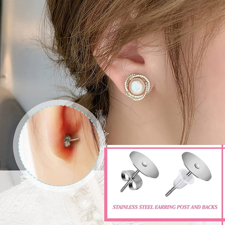 300pcs Earring Posts and Backs Hypoallergenic Stainless Steel Earring Posts 10mm Silver Flat Pad Earring Studs for Jewelry Making with Rubber Earring