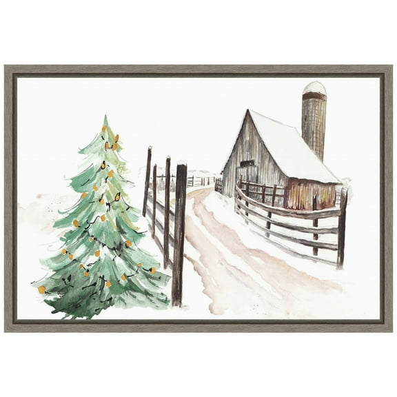 Amanti Art Snowy Vermont Farm Framed Canvas Wall Art Print