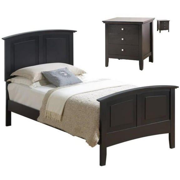 Home Square 2-Piece Set with Twin Panel Bed and 3-Drawer Nightstand in Black