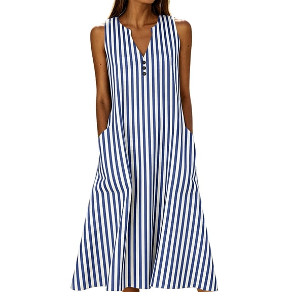 XUNKUSGA Sundresses for Women Classic Striped Sleeveless Notched V Neck Maxi Dresses for Women Casual Loose A Line Long Tank Dress with Pockets,Blue,S