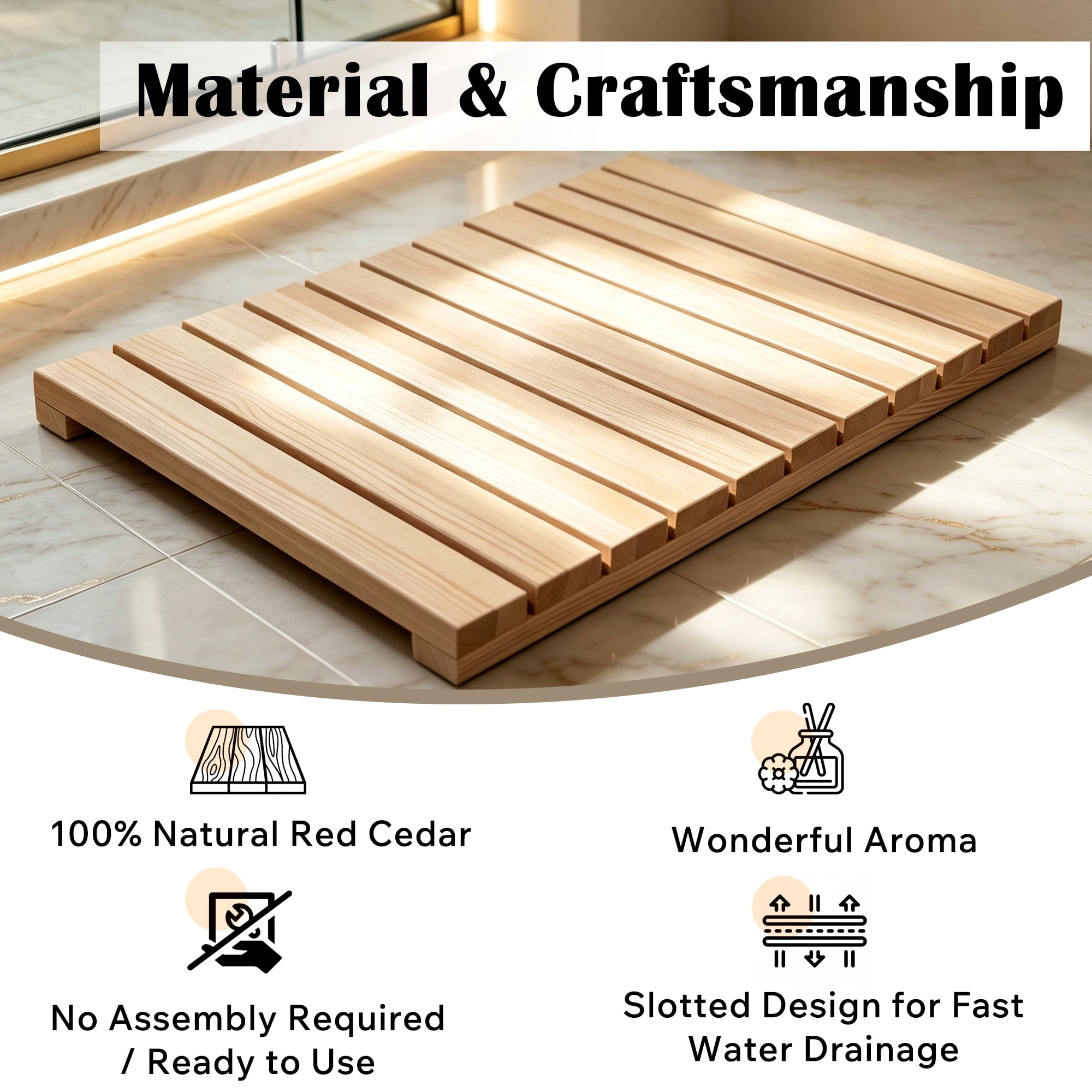 Cedar Wood Shower Mat, Non-Slip Rubber Feet, Quick-Dry Slatted Design, Multi-Purpose Use