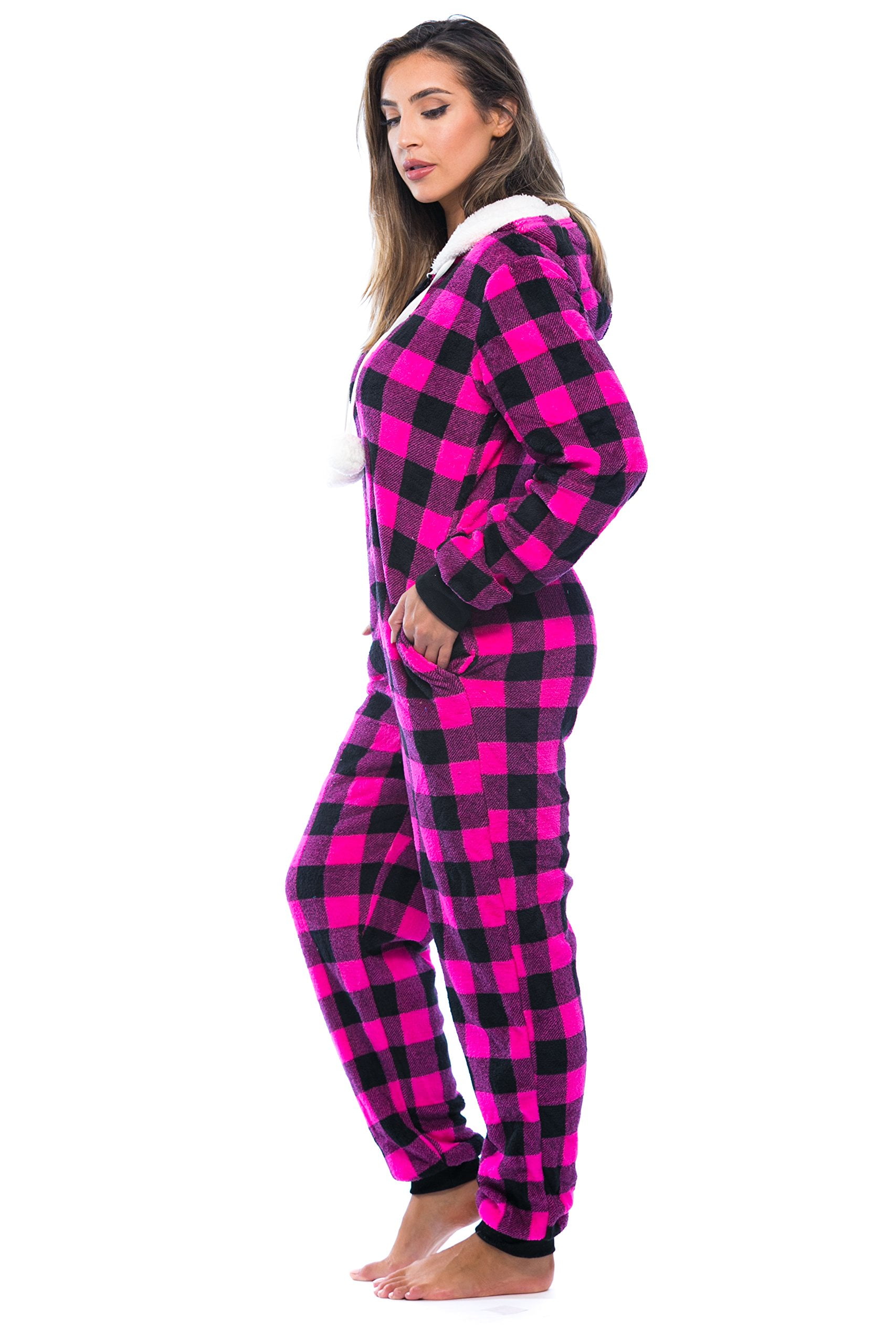 Just Love Buffalo Plaid Adult Onesie Sherpa Lined Hoody One Piece Pajamas (Fuchsia Buffalo Plaid, Small)
