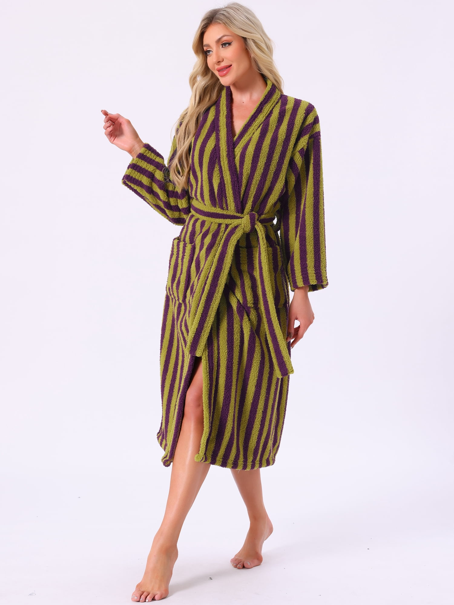 DARING DIVA Women's Fleece Fluffy Belt Full Length Striped Plush Bath Robe L Green
