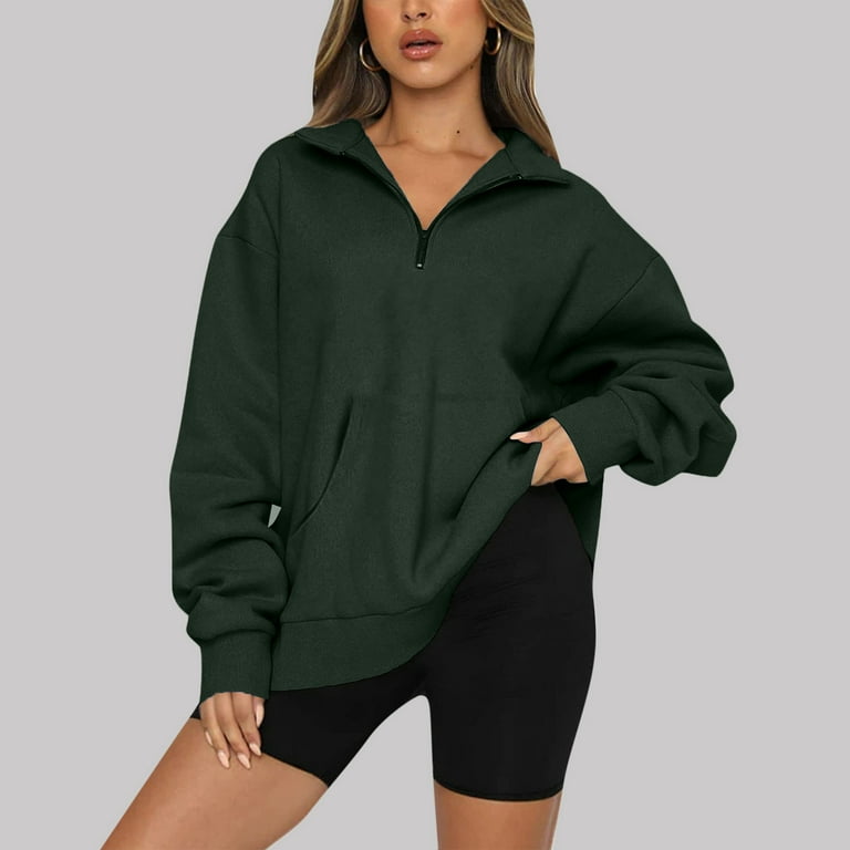 Yyeselk Womens Cropped Sweatshirts Fashion Half Zip V-Neck Long Sleeves  Pullover Fleece Hoodies 2023 Fall Clothes Trendy Outfits Army Green L 