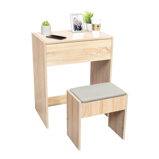 TOPLIVING Tocador con Espejo y Banco con Cojin, para Recamara o Sala, Maquillador Cómodo y con Diseño Moderno, Mesa de Cambiador, de Maquillaje Color Beige