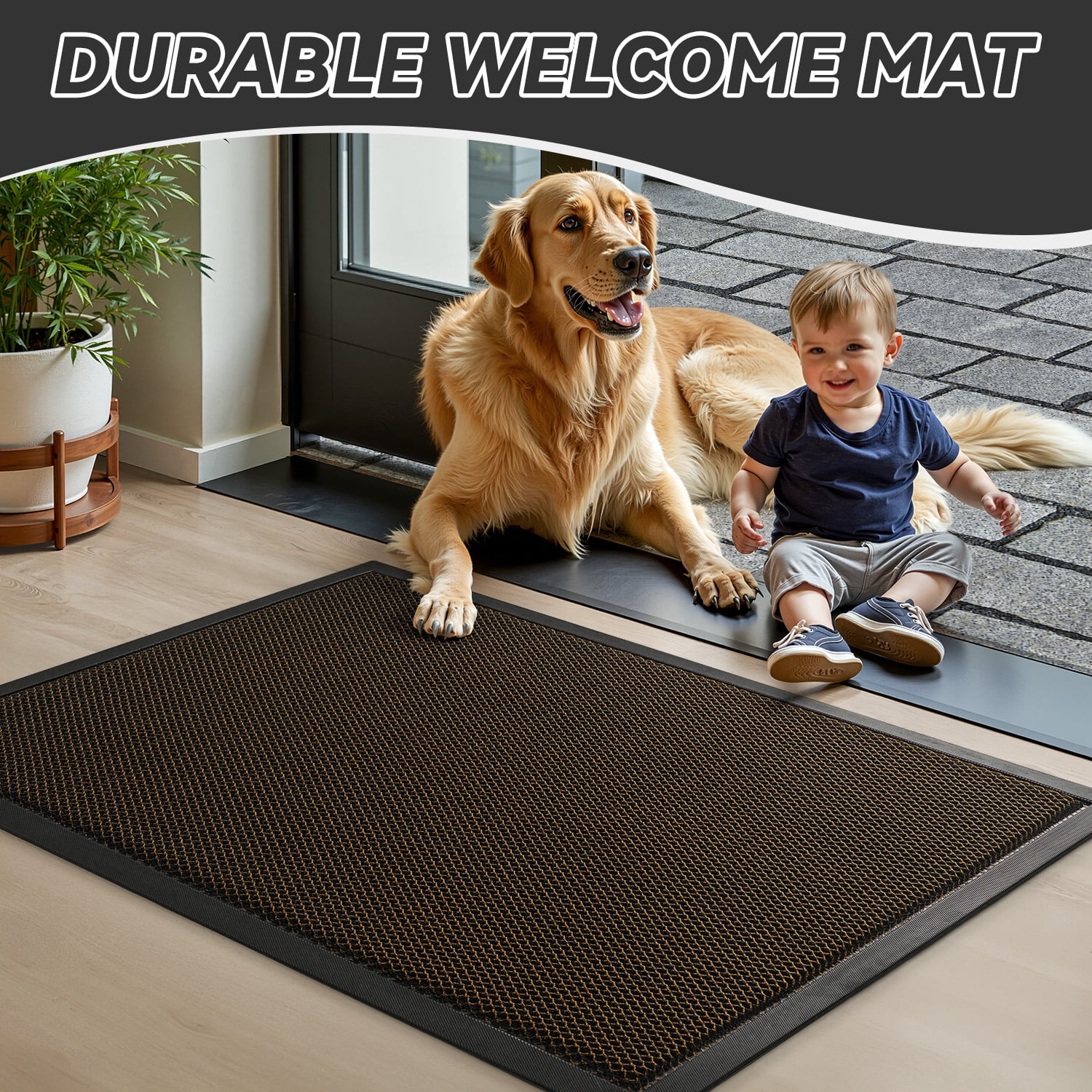 SIXHOME Outdoor Mat 24"x47" Front Door Mat Non Slip Rubber Doormat Low Profile Welcome Mat for Outside Absorbent Dirt Trapper Outdoor Doormat with Elastic Mesh Surface Heavy Duty Floor Mat Brown