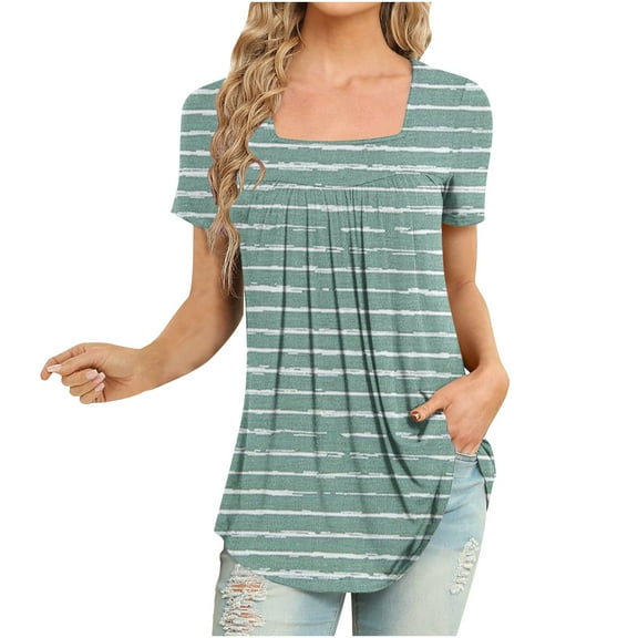 Women's Short Sleeve Tunic Tops to Wear with Leggings Flowy Flare Boho Floral Tops Square Neck Shirts Blouses for Summer