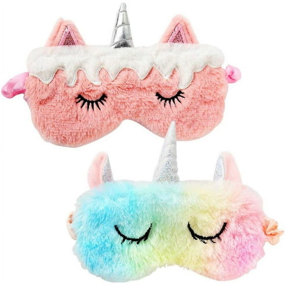 2 Pack Kids Sleep Mask, Colorful Unicorn Eye Mask Cartoon Plush Eye Cover Night Sleeping Blindfold for Girls and Kids(Pink+Light Blue)