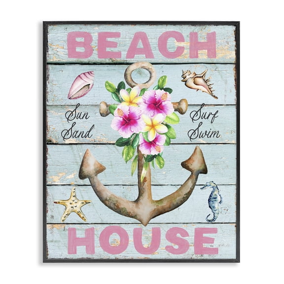 Stupell Industries Pink Beach House Rustic Nautical & Beach Painting Black Framed Art Print Wall Art, 11 x 14