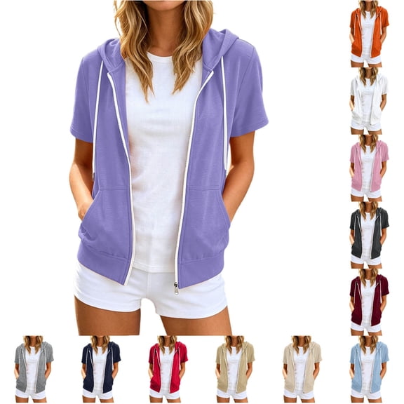 CAIVO Sweatshirts Women Plus Size Short Sleeve Zip Up Hoodie Soft Comfort Adjustable Drawstring Front Pocket Solid Color Full Zip Hooded Jacket Lightweight Casual Streetwear Outerwear Soft Tops