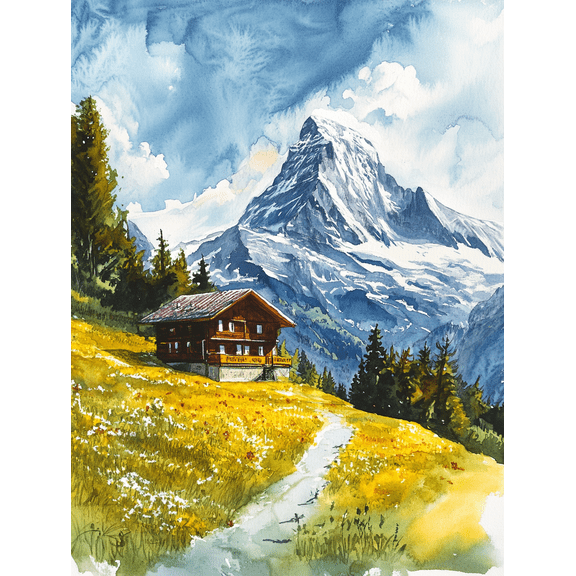 Swiss Chalet Mountain Landscape Wall Art/Canvas Print, Perfect for Living Room, Bedroom, Office, Dining Room, and Hallway Decoration.