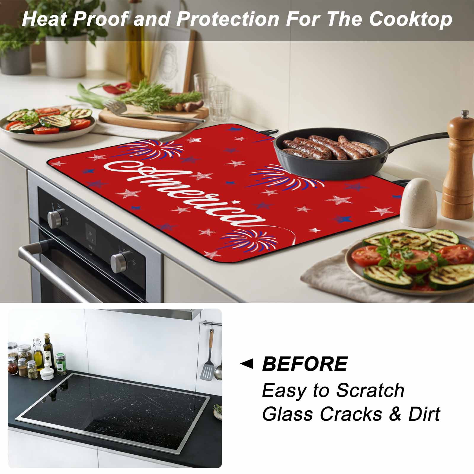 USA Independence Day Stove Top Cover for Electric Stove, Heat-proof & Non Slip Glass Top Stove Cover Protector, Red Fireworks Stars Kitchen Flat Cooktop Rubber Mat 24x21 Inches