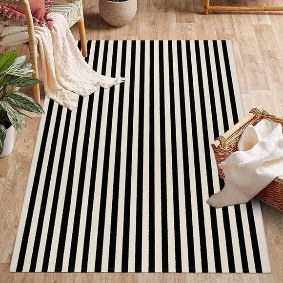 famibay Black and Beige Front Door Mat Outdoor Cotton Handwoven Indoor Outdoor Rug 3x5 Area Rug Washable Farmhouse Striped Welcome Mat Outdoor Courty
