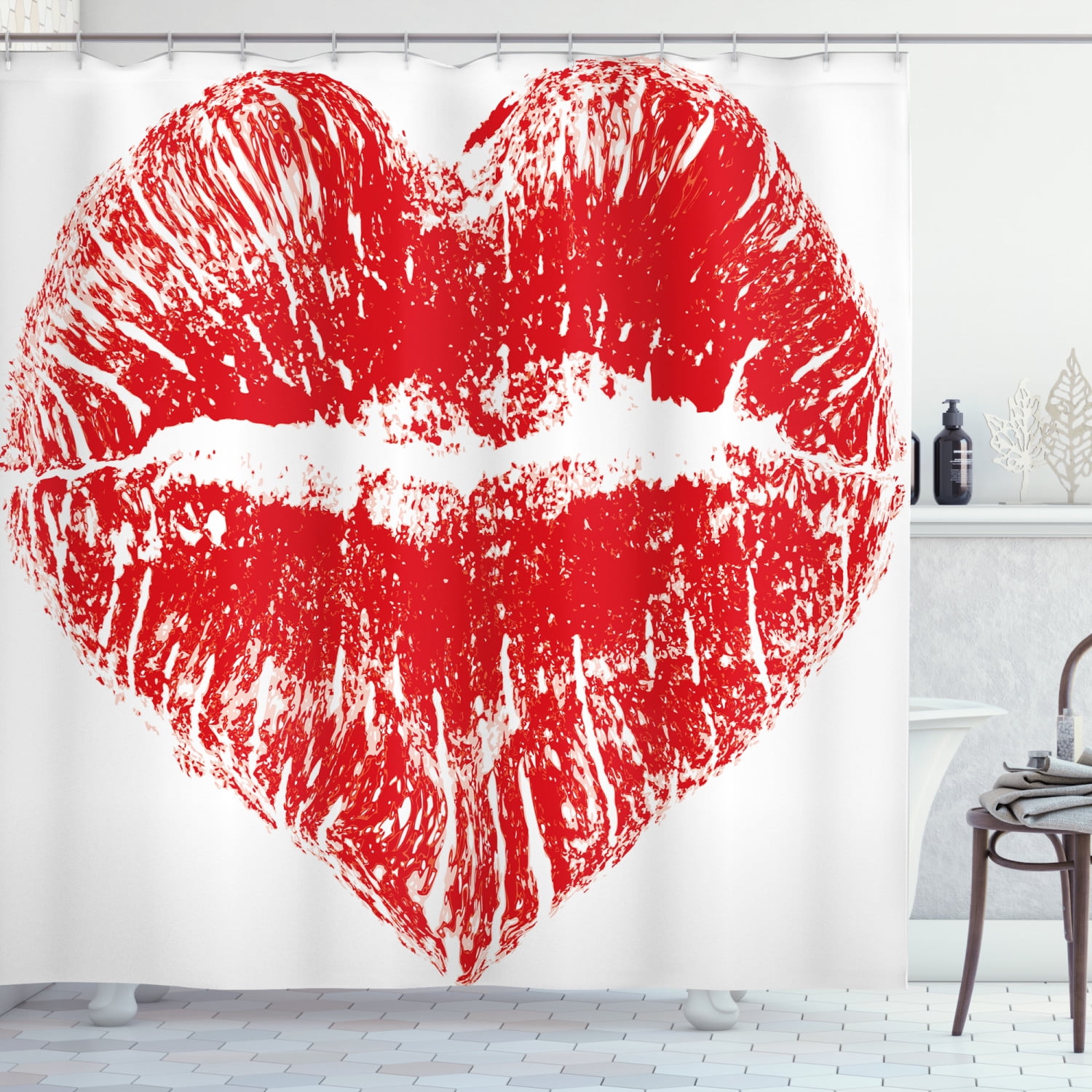 Kiss Shower Curtain, Red Lipstick Mark in the Shape of a Heart ...