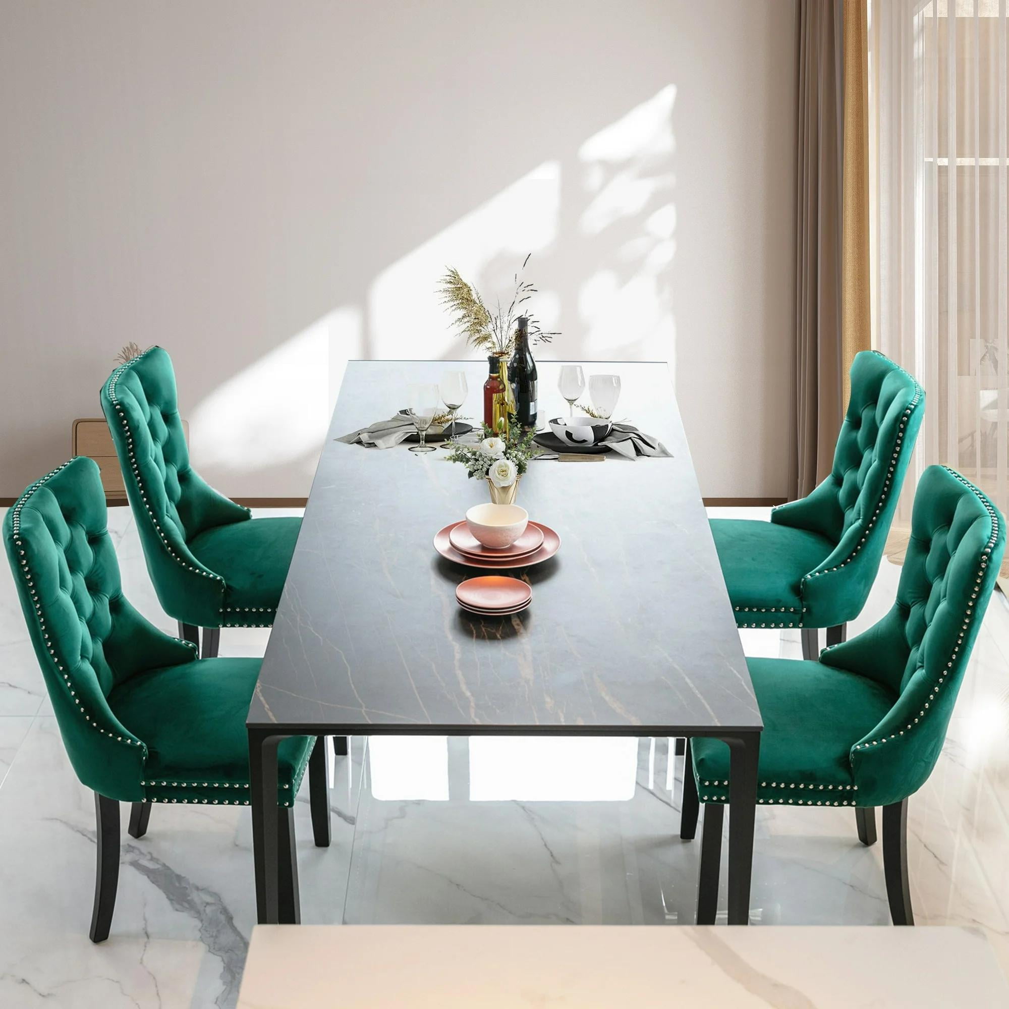 Dining Chairs Set of 2, Upholstered High-End Tufted Dining Room Chair with Back Ring and Nailhead Trim, Modern Velvet Kitchen Chairs with Solid Wood Legs for Kitchen, Home,Green,