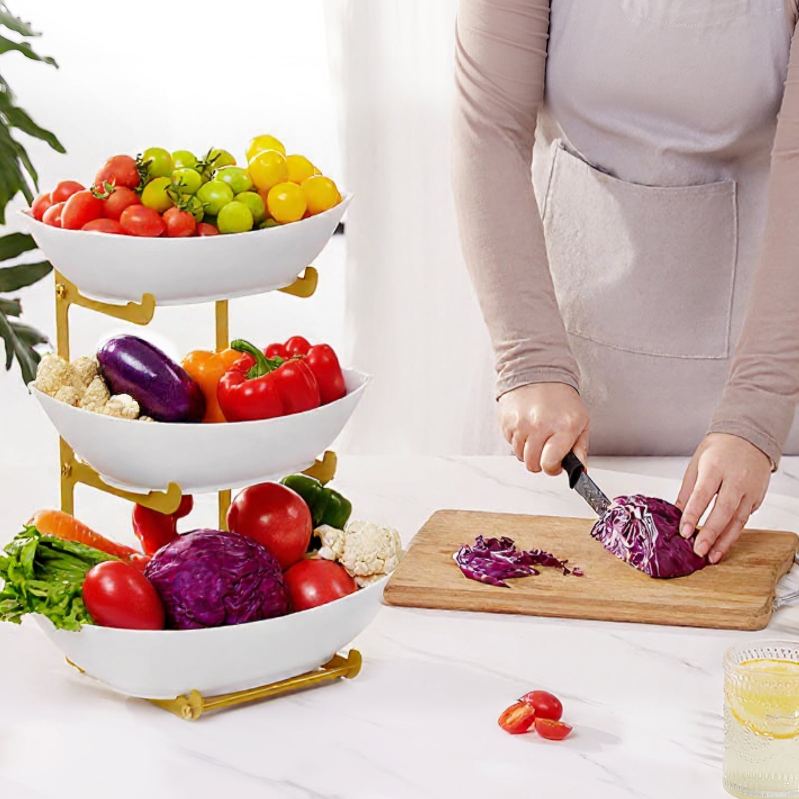 Lifewit Plastic Fruit Bowl Basket for Kitchen Countertop, 3 Tier Fruit Holder with Gold Metal Stand, Serving Tray for Food, Vegetable, Cake, Dessert in Party