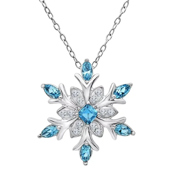 925 Sterling Silver Blue Topaz & White Snowflake Pendant Necklace, Winter-Inspired Gemstone Jewelry for Women